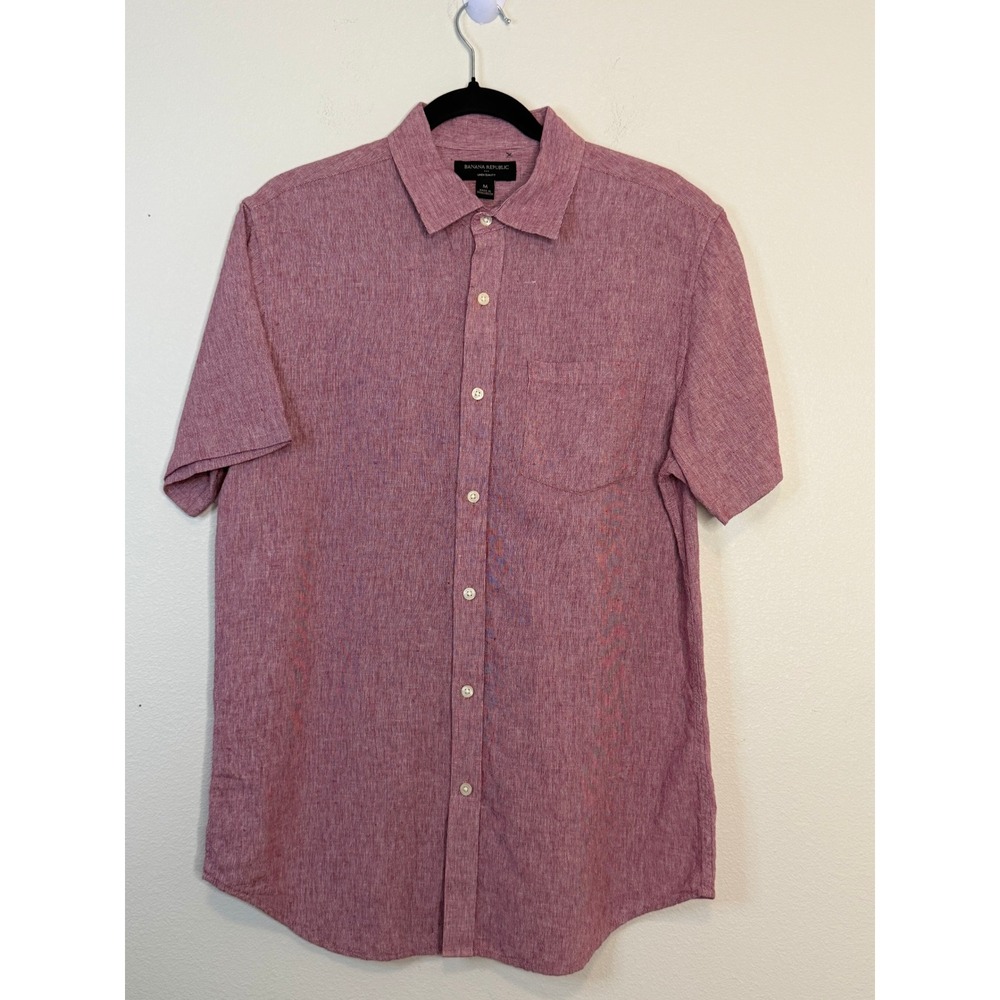 Banana Republic Men's M Slim Fit‎ Linen Cotton Short Sleeve Button Up Shirt Red
